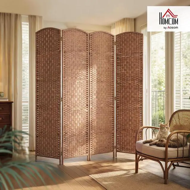 Alt view image 2 of 7 - Room Divider 4-Panel, 6FT-Tall Folding Privacy Screen, Natural | Freestanding Partition, Hand-Woven Design, for Room Separation, 360° Hinges, Paper Rope Diamond Weave
