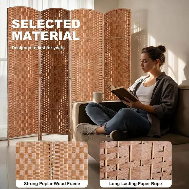 Alt view image 5 of 7 - Room Divider 4-Panel, 6FT-Tall Folding Privacy Screen, Natural | Freestanding Partition, Hand-Woven Design, for Room Separation, 360° Hinges, Paper Rope Diamond Weave