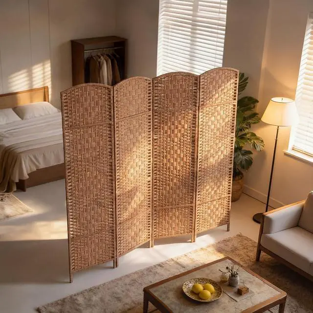 Alt view image 6 of 7 - Room Divider 4-Panel, 6FT-Tall Folding Privacy Screen, Natural | Freestanding Partition, Hand-Woven Design, for Room Separation, 360° Hinges, Paper Rope Diamond Weave