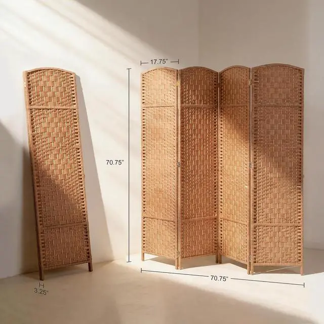Alt view image 7 of 7 - Room Divider 4-Panel, 6FT-Tall Folding Privacy Screen, Natural | Freestanding Partition, Hand-Woven Design, for Room Separation, 360° Hinges, Paper Rope Diamond Weave