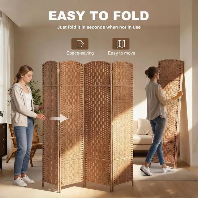 Alt view image 3 of 7 - Room Divider 4-Panel, 6FT-Tall Folding Privacy Screen, Natural | Freestanding Partition, Hand-Woven Design, for Room Separation, 360° Hinges, Paper Rope Diamond Weave