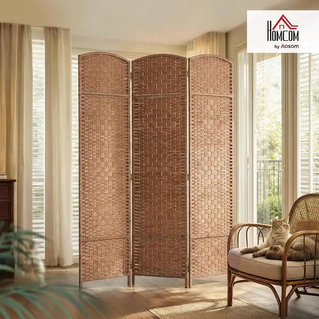 Alt view image 2 of 7 - Room Divider 3-Panel, 6FT-Tall Folding Privacy Screen, Natural | Freestanding Partition, Hand-Woven Design, for Room Separation, 360° Hinges, Paper Rope Diamond Weave