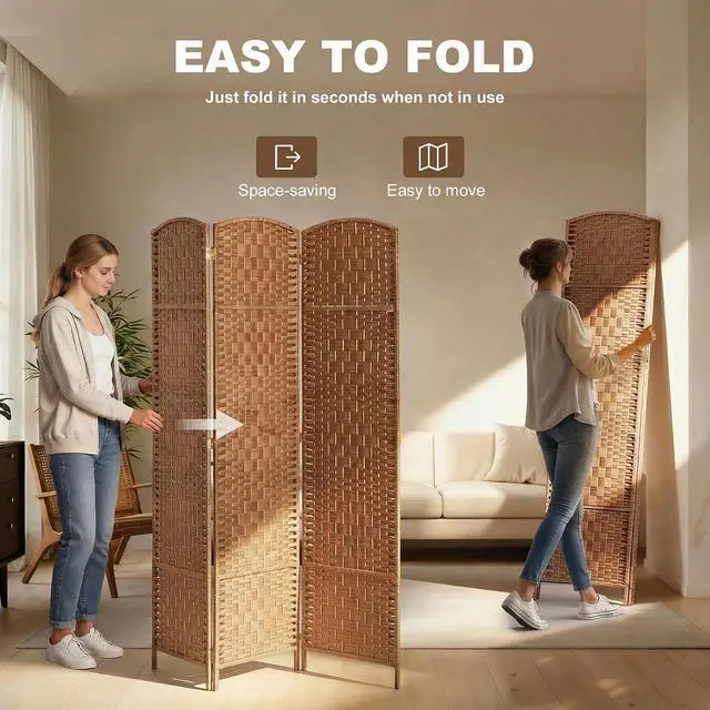 Alt view image 3 of 7 - Room Divider 3-Panel, 6FT-Tall Folding Privacy Screen, Natural | Freestanding Partition, Hand-Woven Design, for Room Separation, 360° Hinges, Paper Rope Diamond Weave