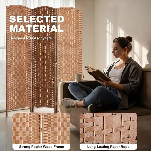 Alt view image 5 of 7 - Room Divider 3-Panel, 6FT-Tall Folding Privacy Screen, Natural | Freestanding Partition, Hand-Woven Design, for Room Separation, 360° Hinges, Paper Rope Diamond Weave