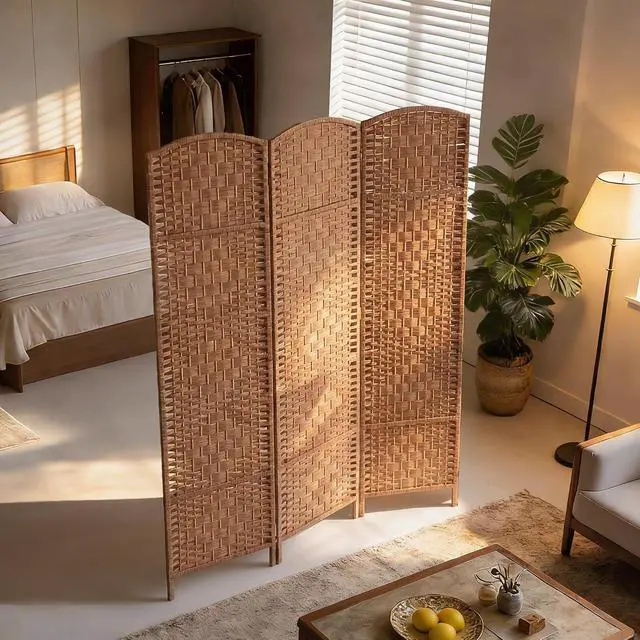Alt view image 6 of 7 - Room Divider 3-Panel, 6FT-Tall Folding Privacy Screen, Natural | Freestanding Partition, Hand-Woven Design, for Room Separation, 360° Hinges, Paper Rope Diamond Weave