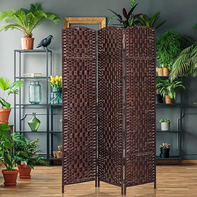 Alt view image 6 of 7 - Room Divider 3-Panel, 6FT-Tall Folding Privacy Screen, Brown | Freestanding Partition, Hand-Woven Design, for Room Separation, 360° Hinges, Paper Rope Diamond Weave