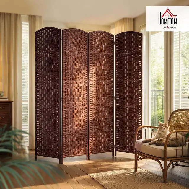 Alt view image 2 of 7 - Room Divider 4-Panel, 6FT-Tall Folding Privacy Screen, Brown | Freestanding Partition, Hand-Woven Design, for Room Separation, 360° Hinges, Paper Rope Diamond Weave
