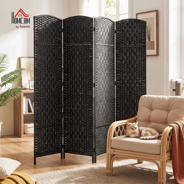 Alt view image 2 of 7 - Room Divider 4-Panel, 6FT-Tall Folding Privacy Screen, Coffee | Freestanding Partition, Hand-Woven Design, for Room Separation, 360° Hinges, Paper Rope Diamond Weave