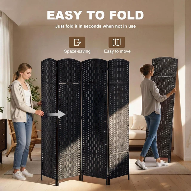 Alt view image 3 of 7 - Room Divider 4-Panel, 6FT-Tall Folding Privacy Screen, Coffee | Freestanding Partition, Hand-Woven Design, for Room Separation, 360° Hinges, Paper Rope Diamond Weave