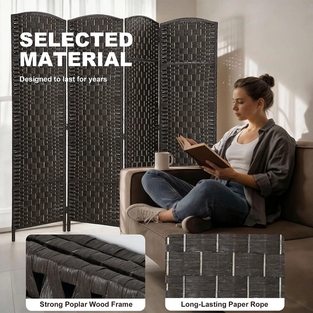 Alt view image 5 of 7 - Room Divider 4-Panel, 6FT-Tall Folding Privacy Screen, Coffee | Freestanding Partition, Hand-Woven Design, for Room Separation, 360° Hinges, Paper Rope Diamond Weave