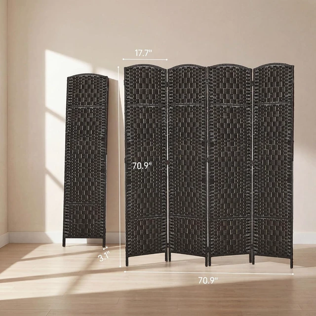 Alt view image 7 of 7 - Room Divider 4-Panel, 6FT-Tall Folding Privacy Screen, Coffee | Freestanding Partition, Hand-Woven Design, for Room Separation, 360° Hinges, Paper Rope Diamond Weave