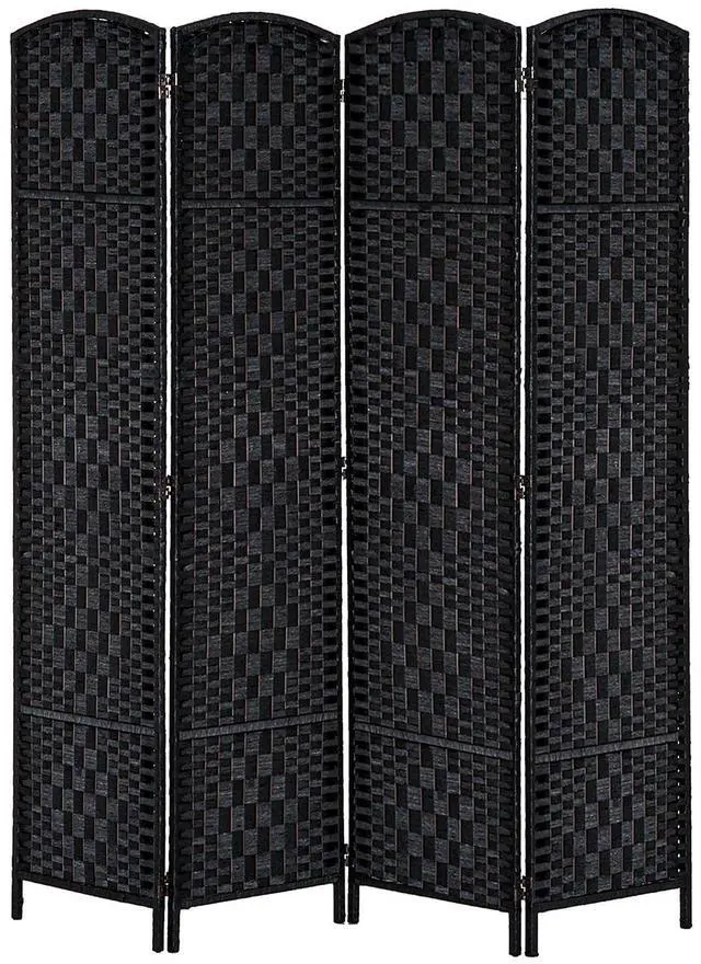 Main image of Room Divider 4-Panel, 6FT-Tall Folding Privacy Screen, Black | Freestanding Partition, Hand-Woven Design, for Room Separation, 360° Hinges, Paper Rope Diamond Weave