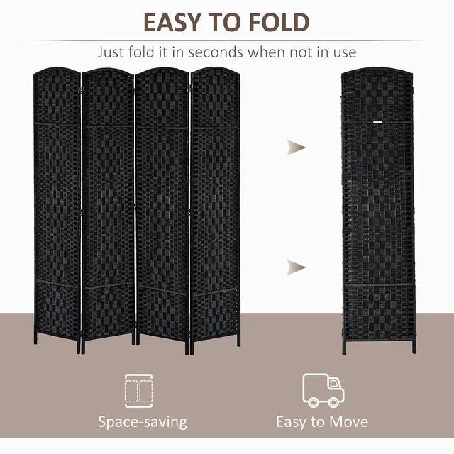 Alt view image 3 of 7 - Room Divider 4-Panel, 6FT-Tall Folding Privacy Screen, Black | Freestanding Partition, Hand-Woven Design, for Room Separation, 360° Hinges, Paper Rope Diamond Weave