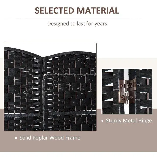 Alt view image 4 of 7 - Room Divider 4-Panel, 6FT-Tall Folding Privacy Screen, Black | Freestanding Partition, Hand-Woven Design, for Room Separation, 360° Hinges, Paper Rope Diamond Weave