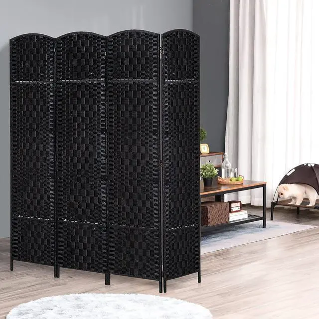 Alt view image 2 of 7 - Room Divider 4-Panel, 6FT-Tall Folding Privacy Screen, Black | Freestanding Partition, Hand-Woven Design, for Room Separation, 360° Hinges, Paper Rope Diamond Weave