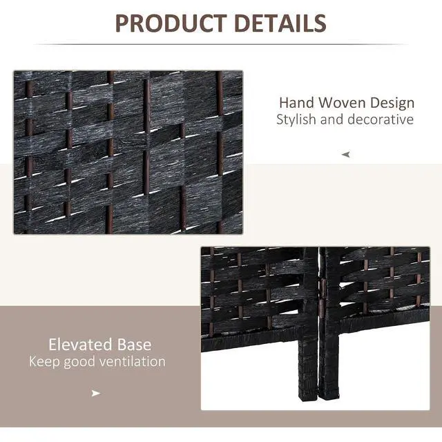 Alt view image 5 of 7 - Room Divider 4-Panel, 6FT-Tall Folding Privacy Screen, Black | Freestanding Partition, Hand-Woven Design, for Room Separation, 360° Hinges, Paper Rope Diamond Weave