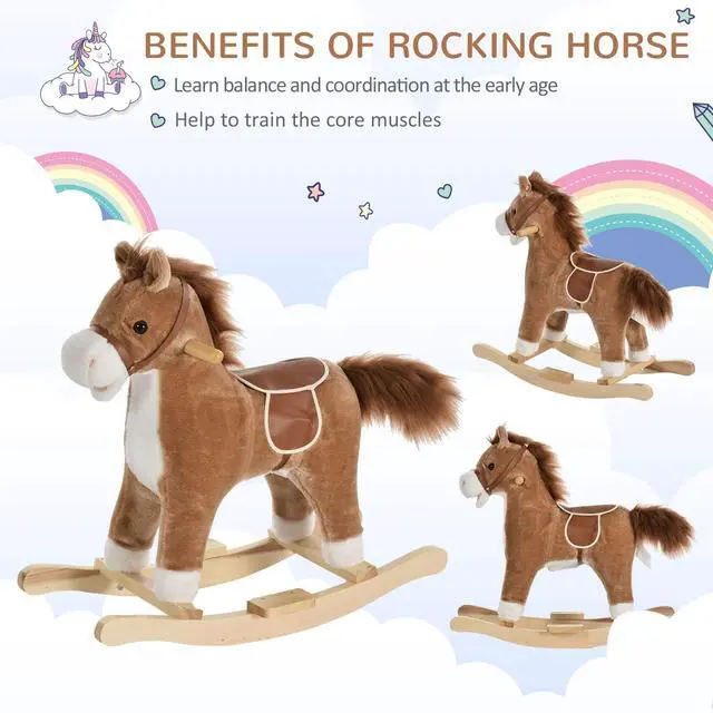 Alt view image 3 of 7 - Qaba Rocking Horse Plush Animal, Baby Rocking Chair with Sounds, Brown | Wooden Rockers, Moving Mouth, Wagging Tail