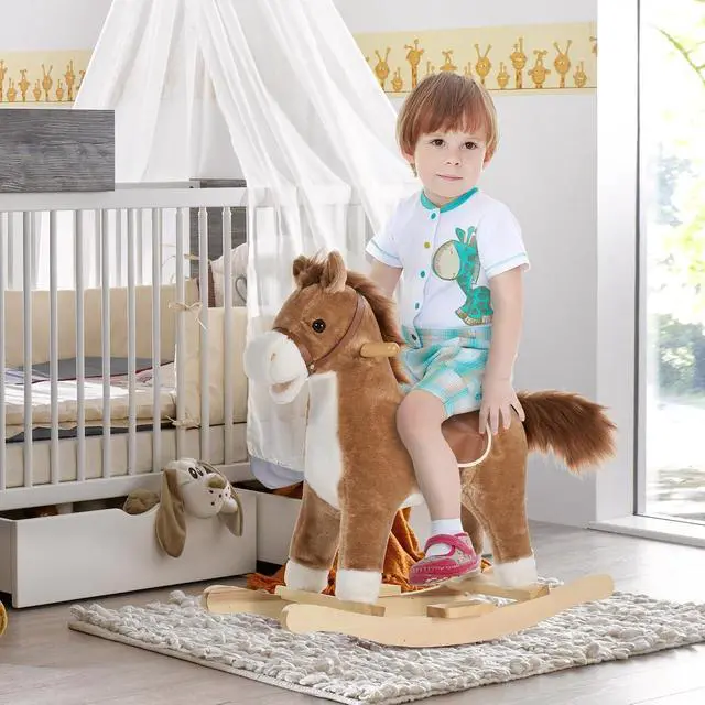 Alt view image 2 of 7 - Qaba Rocking Horse Plush Animal, Baby Rocking Chair with Sounds, Brown | Wooden Rockers, Moving Mouth, Wagging Tail