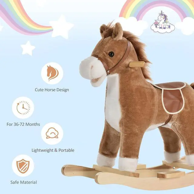 Alt view image 4 of 7 - Qaba Rocking Horse Plush Animal, Baby Rocking Chair with Sounds, Brown | Wooden Rockers, Moving Mouth, Wagging Tail