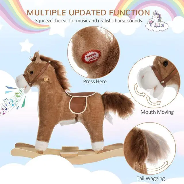 Alt view image 5 of 7 - Qaba Rocking Horse Plush Animal, Baby Rocking Chair with Sounds, Brown | Wooden Rockers, Moving Mouth, Wagging Tail