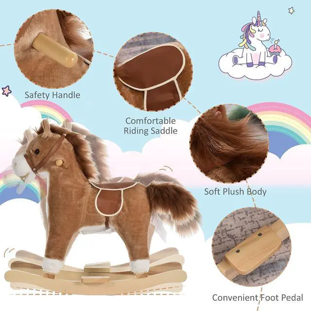 Alt view image 6 of 7 - Qaba Rocking Horse Plush Animal, Baby Rocking Chair with Sounds, Brown | Wooden Rockers, Moving Mouth, Wagging Tail