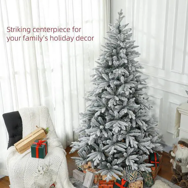 Alt view image 3 of 7 - 7ft Snow Flocked Artificial Christmas Tree Hinged Xmas Tree Green | 1401 Tips, Foldable Metal Stand, Easy Assembly, for Home Office Holiday