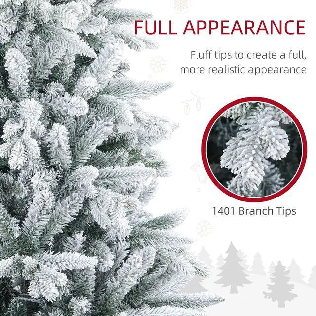 Alt view image 4 of 7 - 7ft Snow Flocked Artificial Christmas Tree Hinged Xmas Tree Green | 1401 Tips, Foldable Metal Stand, Easy Assembly, for Home Office Holiday