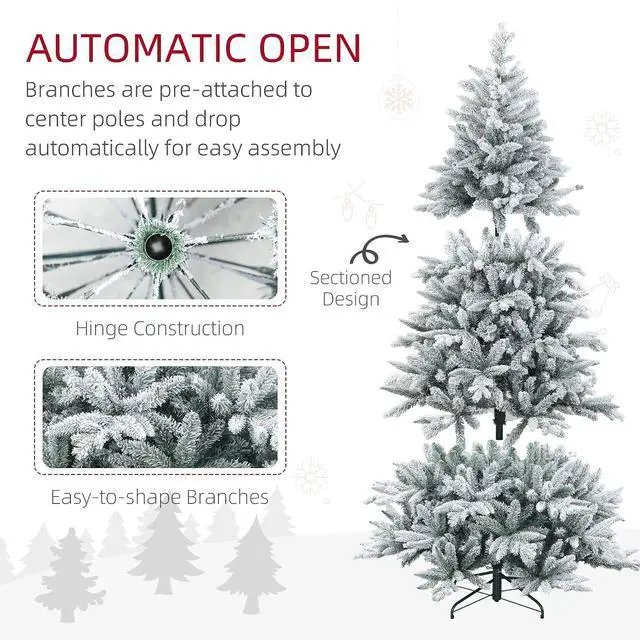 Alt view image 5 of 7 - 7ft Snow Flocked Artificial Christmas Tree Hinged Xmas Tree Green | 1401 Tips, Foldable Metal Stand, Easy Assembly, for Home Office Holiday