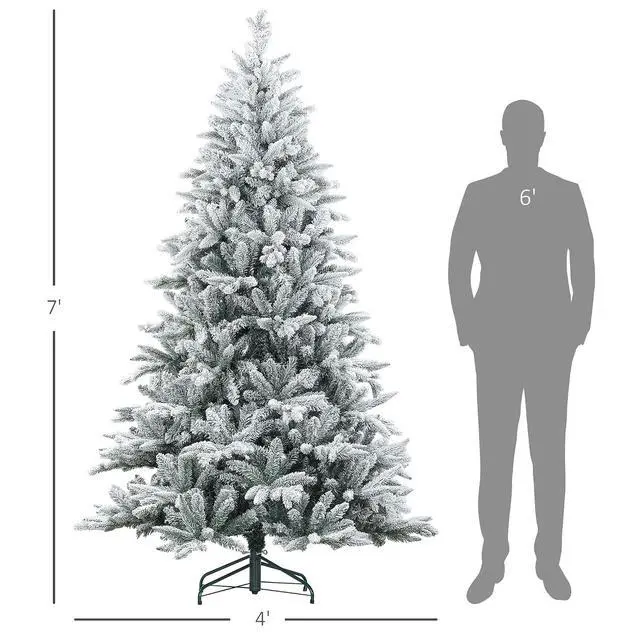 Alt view image 7 of 7 - 7ft Snow Flocked Artificial Christmas Tree Hinged Xmas Tree Green | 1401 Tips, Foldable Metal Stand, Easy Assembly, for Home Office Holiday