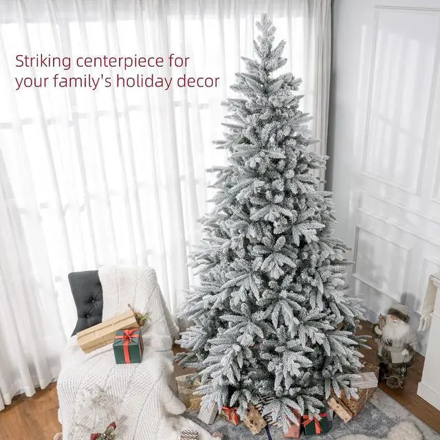 Alt view image 3 of 7 - 8ft Snow Flocked Artificial Christmas Tree Hinged Xmas Tree Green | 2003 Tips, Foldable Metal Stand, Easy Assembly, for Home Office Holiday