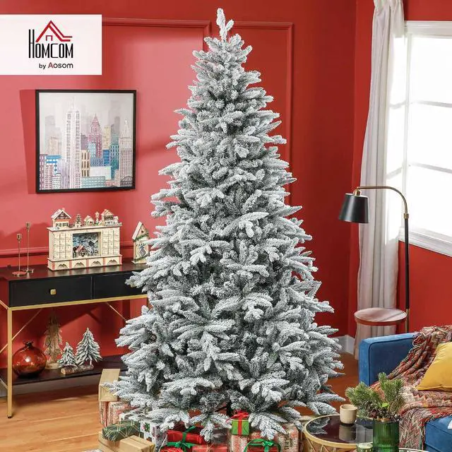 Alt view image 2 of 7 - 8ft Snow Flocked Artificial Christmas Tree Hinged Xmas Tree Green | 2003 Tips, Foldable Metal Stand, Easy Assembly, for Home Office Holiday