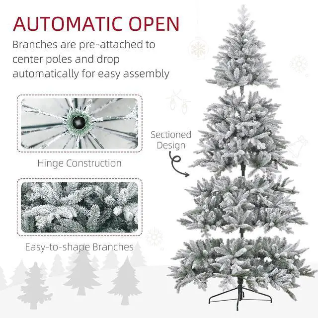 Alt view image 5 of 7 - 8ft Snow Flocked Artificial Christmas Tree Hinged Xmas Tree Green | 2003 Tips, Foldable Metal Stand, Easy Assembly, for Home Office Holiday