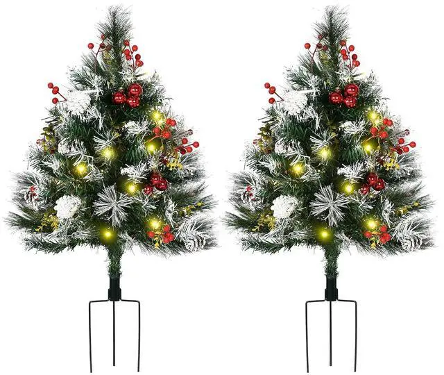 Main image of Artificial Christmas Tree Prelit Cordless 2 Pieces 2.5 ft Green | Outdoor Entryway, LED Lights, 70 Branches, Pine Cones, Balls, Red Berries
