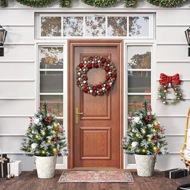 Alt view image 2 of 7 - Artificial Christmas Tree Prelit Cordless 2 Pieces 2.5 ft Green | Outdoor Entryway, LED Lights, 70 Branches, Pine Cones, Balls, Red Berries