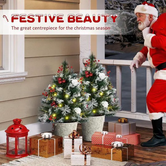 Alt view image 3 of 7 - Artificial Christmas Tree Prelit Cordless 2 Pieces 2.5 ft Green | Outdoor Entryway, LED Lights, 70 Branches, Pine Cones, Balls, Red Berries