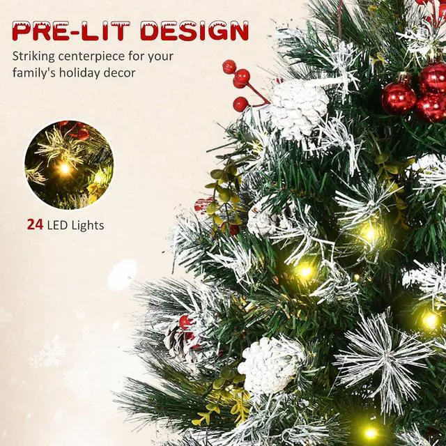 Alt view image 4 of 7 - Artificial Christmas Tree Prelit Cordless 2 Pieces 2.5 ft Green | Outdoor Entryway, LED Lights, 70 Branches, Pine Cones, Balls, Red Berries