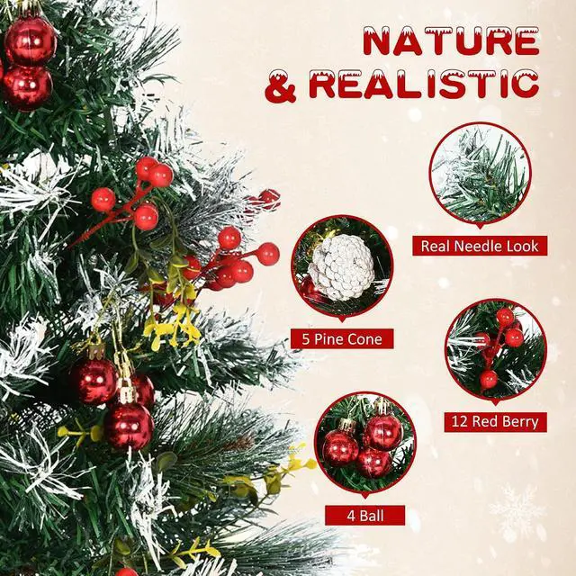 Alt view image 5 of 7 - Artificial Christmas Tree Prelit Cordless 2 Pieces 2.5 ft Green | Outdoor Entryway, LED Lights, 70 Branches, Pine Cones, Balls, Red Berries