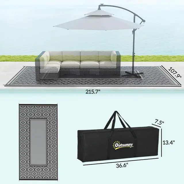 Alt view image 2 of 7 - Outdoor Rug for Patio Waterproof 9' x 18' Black & Gray Gourd | Large Mat, Reversible Plastic Straw Rug, Decor, Portable Outside RV Camping Area Carpet Mat, Backyard Porch Deck Picnic