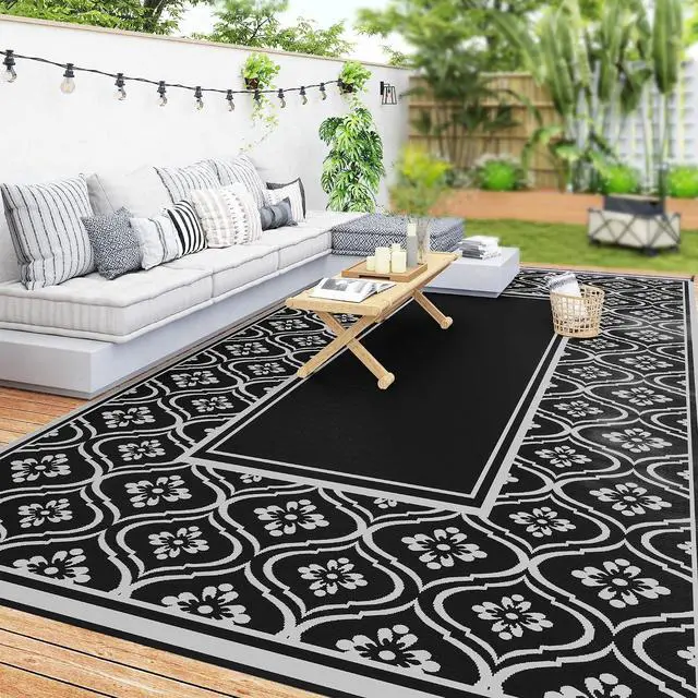Main image of Outdoor Rug for Patio Waterproof 9' x 18' Black & Gray Gourd | Large Mat, Reversible Plastic Straw Rug, Decor, Portable Outside RV Camping Area Carpet Mat, Backyard Porch Deck Picnic