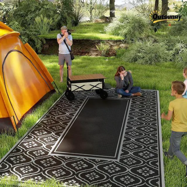 Alt view image 3 of 7 - Outdoor Rug for Patio Waterproof 9' x 18' Black & Gray Gourd | Large Mat, Reversible Plastic Straw Rug, Decor, Portable Outside RV Camping Area Carpet Mat, Backyard Porch Deck Picnic