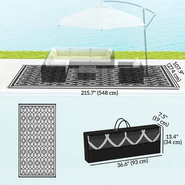 Alt view image 2 of 7 - Outdoor Rug for Patio Waterproof 9' x 18' Black & White Lantern | Large Mat, Reversible Plastic Straw Rug, Decor, Portable Outside RV Camping Area Carpet Mat, Backyard Porch Deck Picnic