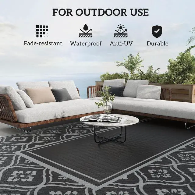Alt view image 6 of 7 - Outdoor Rug for Patio Waterproof 9' x 18' Black & Gray Gourd | Large Mat, Reversible Plastic Straw Rug, Decor, Portable Outside RV Camping Area Carpet Mat, Backyard Porch Deck Picnic