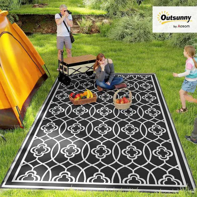 Alt view image 3 of 7 - Outdoor Rug for Patio Waterproof 9' x 18' Black & White Lantern | Large Mat, Reversible Plastic Straw Rug, Decor, Portable Outside RV Camping Area Carpet Mat, Backyard Porch Deck Picnic