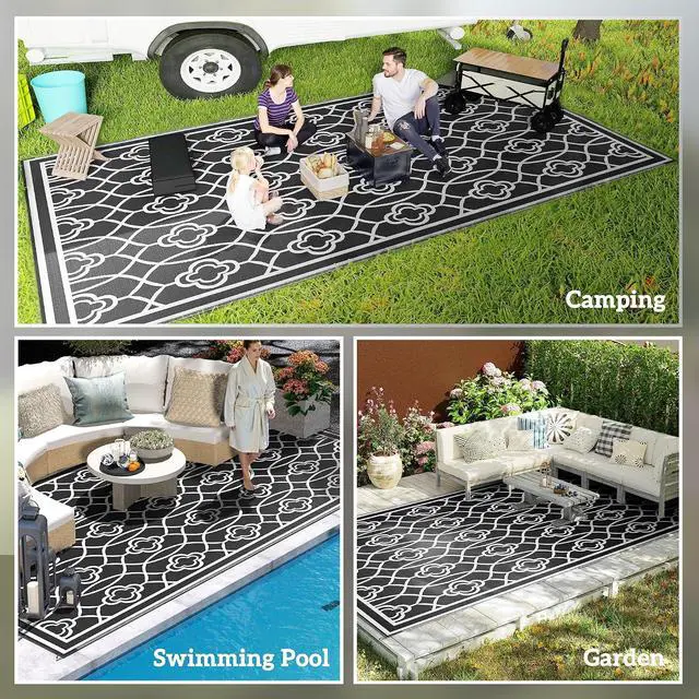 Alt view image 5 of 7 - Outdoor Rug for Patio Waterproof 9' x 18' Black & White Lantern | Large Mat, Reversible Plastic Straw Rug, Decor, Portable Outside RV Camping Area Carpet Mat, Backyard Porch Deck Picnic