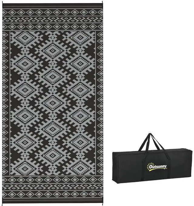 Main image of Outdoor Rug for Patio Waterproof 9' x 18' Black & Gray Rhombus | Large Mat, Reversible Plastic Straw Rug, Decor, Portable Outside RV Camping Area Carpet Mat, Backyard Porch Deck Picnic