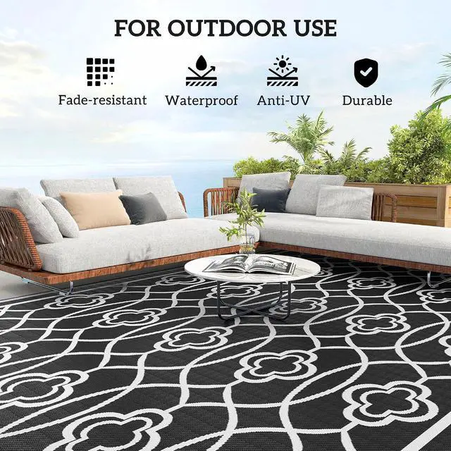 Alt view image 6 of 7 - Outdoor Rug for Patio Waterproof 9' x 18' Black & White Lantern | Large Mat, Reversible Plastic Straw Rug, Decor, Portable Outside RV Camping Area Carpet Mat, Backyard Porch Deck Picnic