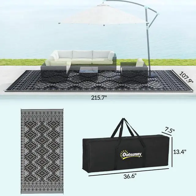 Alt view image 3 of 7 - Outdoor Rug for Patio Waterproof 9' x 18' Black & Gray Rhombus | Large Mat, Reversible Plastic Straw Rug, Decor, Portable Outside RV Camping Area Carpet Mat, Backyard Porch Deck Picnic