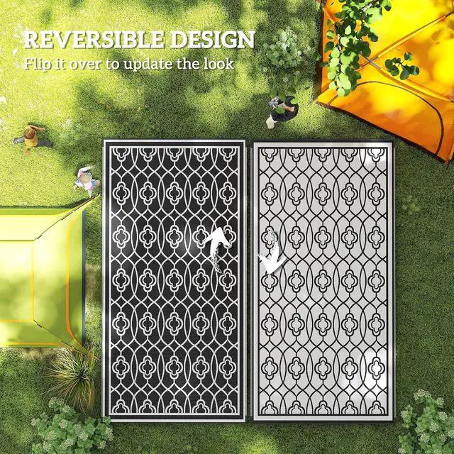 Alt view image 7 of 7 - Outdoor Rug for Patio Waterproof 9' x 18' Black & White Lantern | Large Mat, Reversible Plastic Straw Rug, Decor, Portable Outside RV Camping Area Carpet Mat, Backyard Porch Deck Picnic