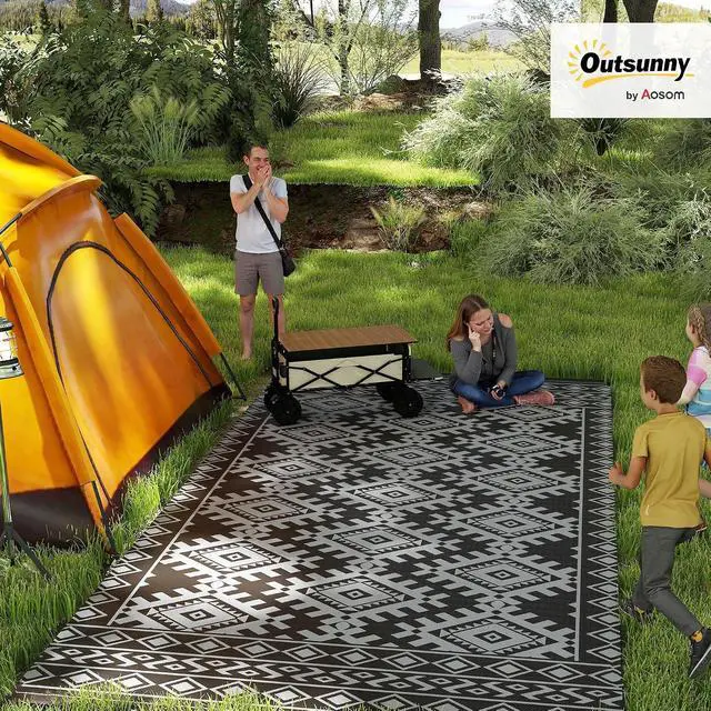 Alt view image 2 of 7 - Outdoor Rug for Patio Waterproof 9' x 18' Black & Gray Rhombus | Large Mat, Reversible Plastic Straw Rug, Decor, Portable Outside RV Camping Area Carpet Mat, Backyard Porch Deck Picnic