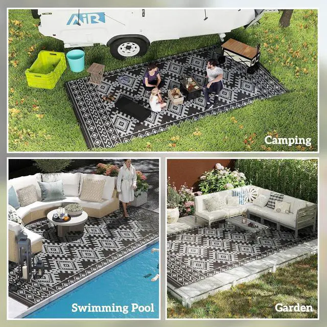 Alt view image 5 of 7 - Outdoor Rug for Patio Waterproof 9' x 18' Black & Gray Rhombus | Large Mat, Reversible Plastic Straw Rug, Decor, Portable Outside RV Camping Area Carpet Mat, Backyard Porch Deck Picnic